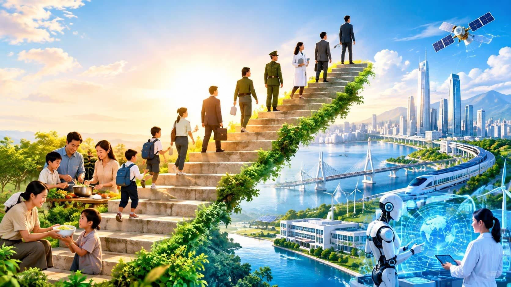 The ladder of morality and civic responsibility advancing alongside science and technology, symbolizing ethical growth and social progress.