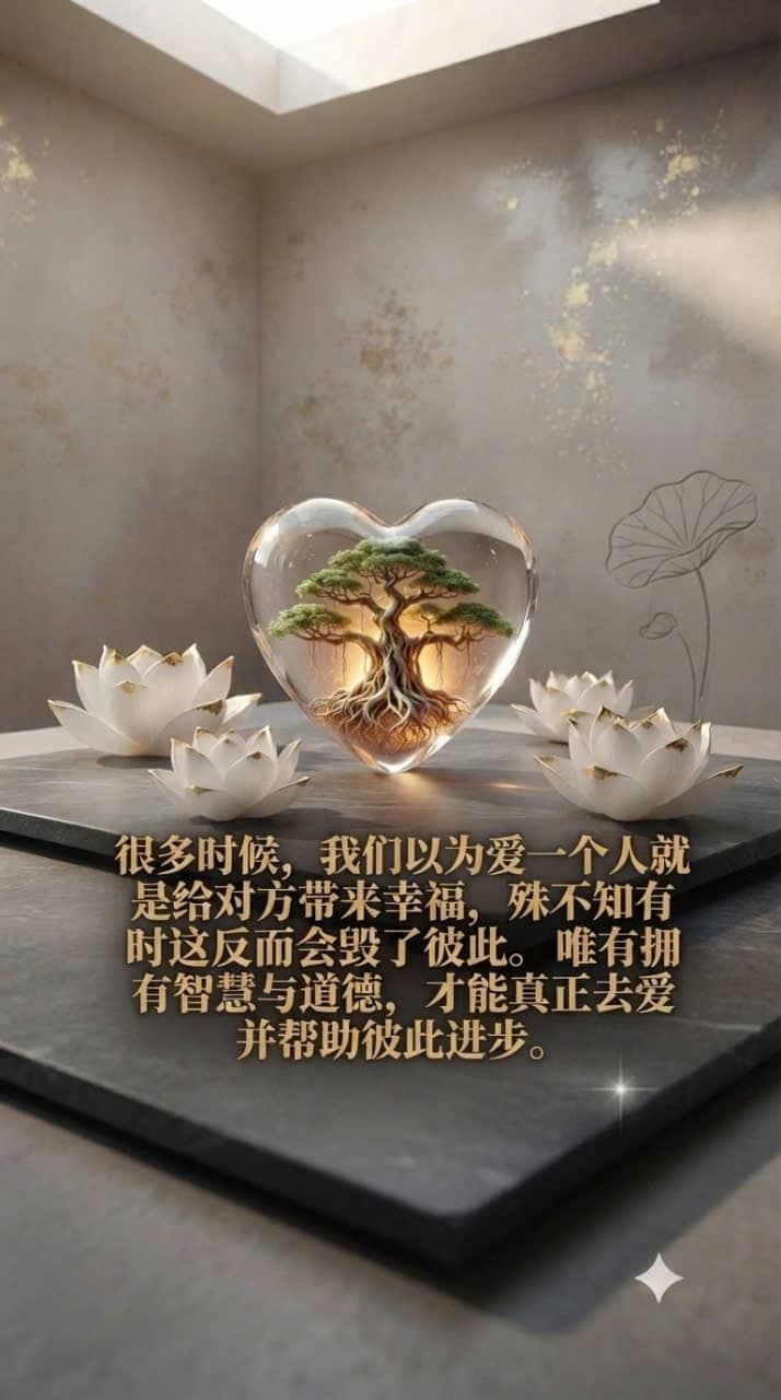 玻璃心形容器中的发光盆栽与白莲花，象征爱情中的智慧与道德。