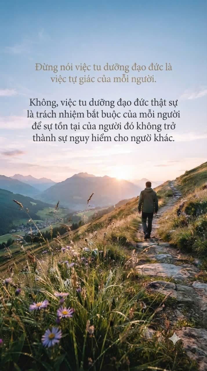 Hình ảnh truyền cảm hứng với phong cảnh núi non lúc hoàng hôn và câu trích dẫn về việc tu dưỡng đạo đức, trách nhiệm đối với cộng đồng.