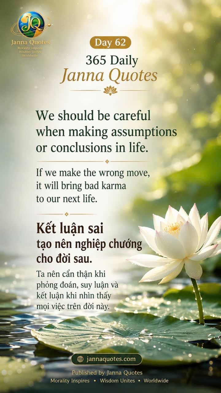 Janna Quotes Day 62 featuring a lotus flower and a message about being careful with assumptions, judgments, and conclusions in life.