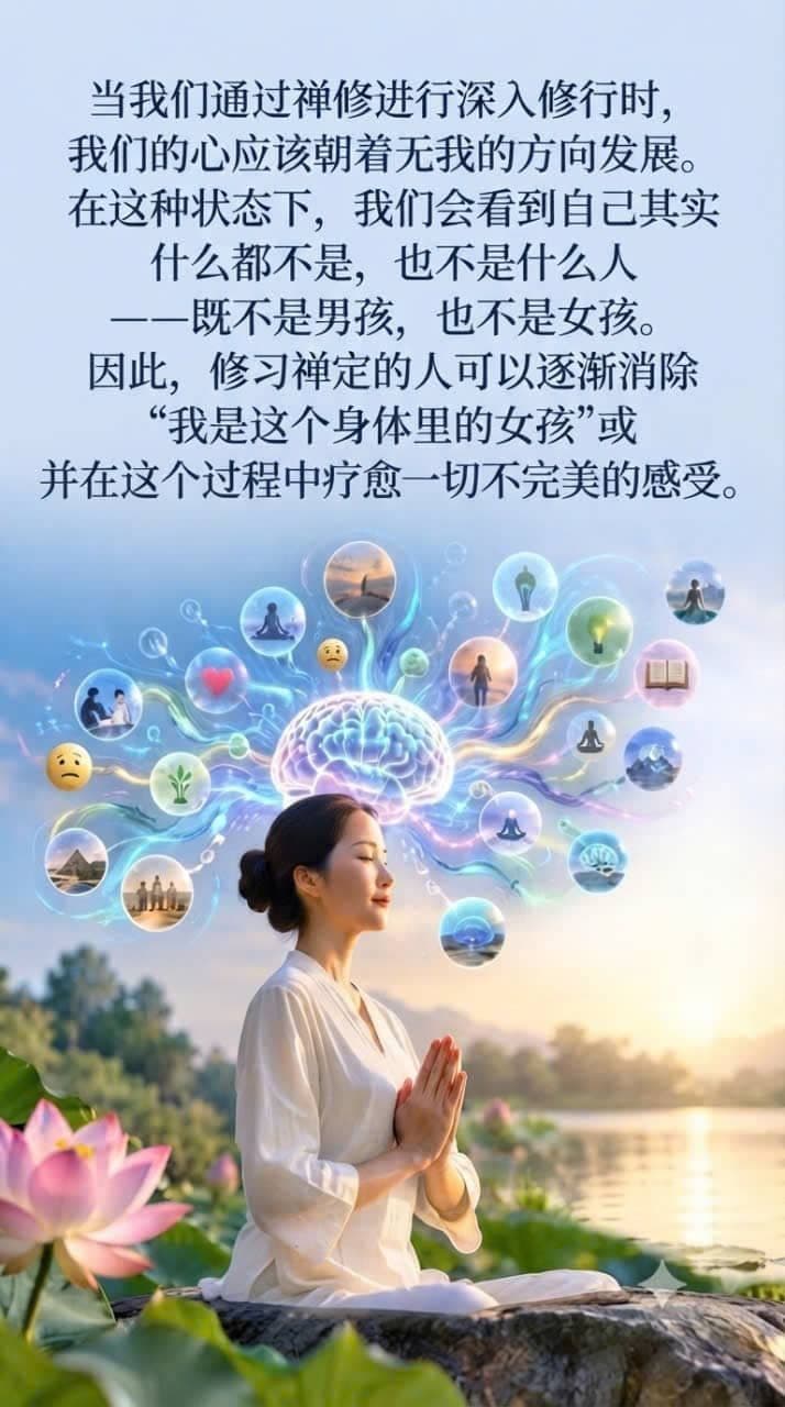  一张鼓舞人心的引言图片，背景是一位女士在日落时分坐在湖边禅修
