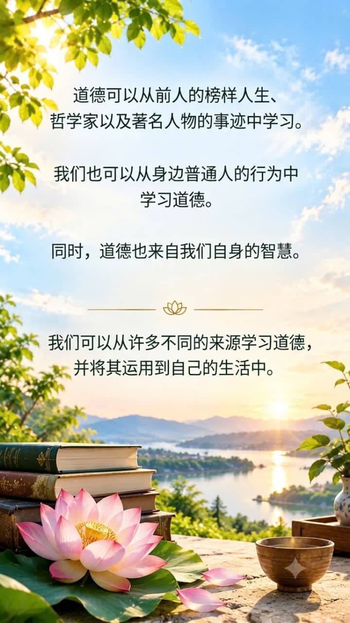 以书籍、莲花、茶杯、湖泊和宁静山景为背景的道德启示语图片