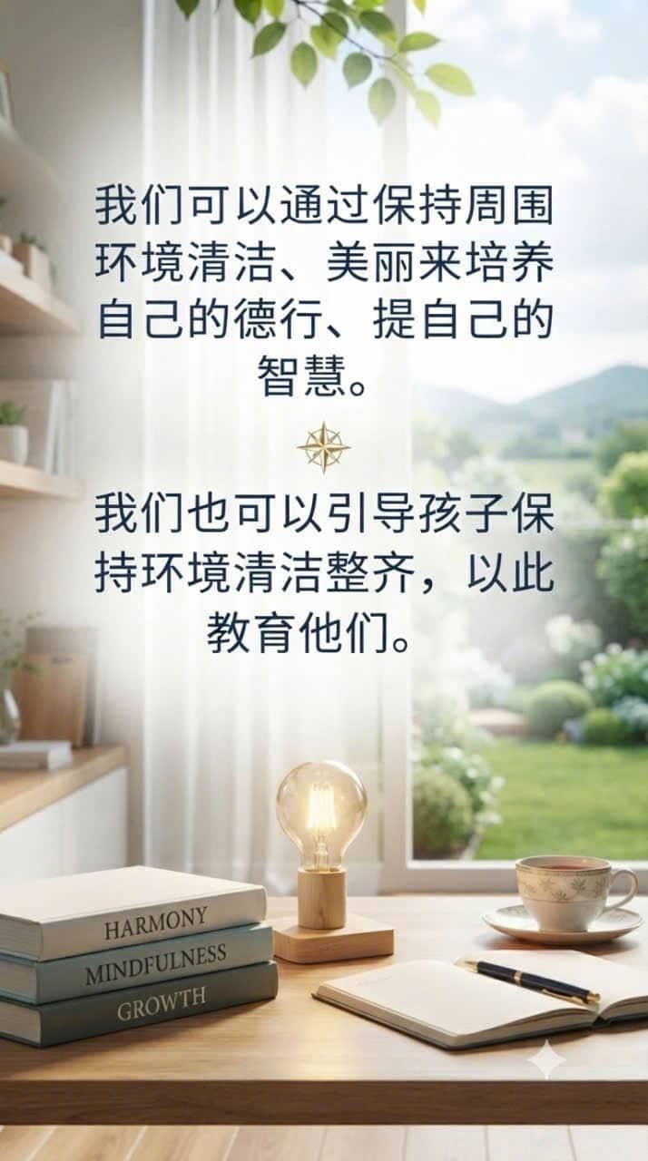 通过整洁美丽的环境培养德行与智慧的励志图片，画面包含书籍、灯泡、笔记本和花园景色。