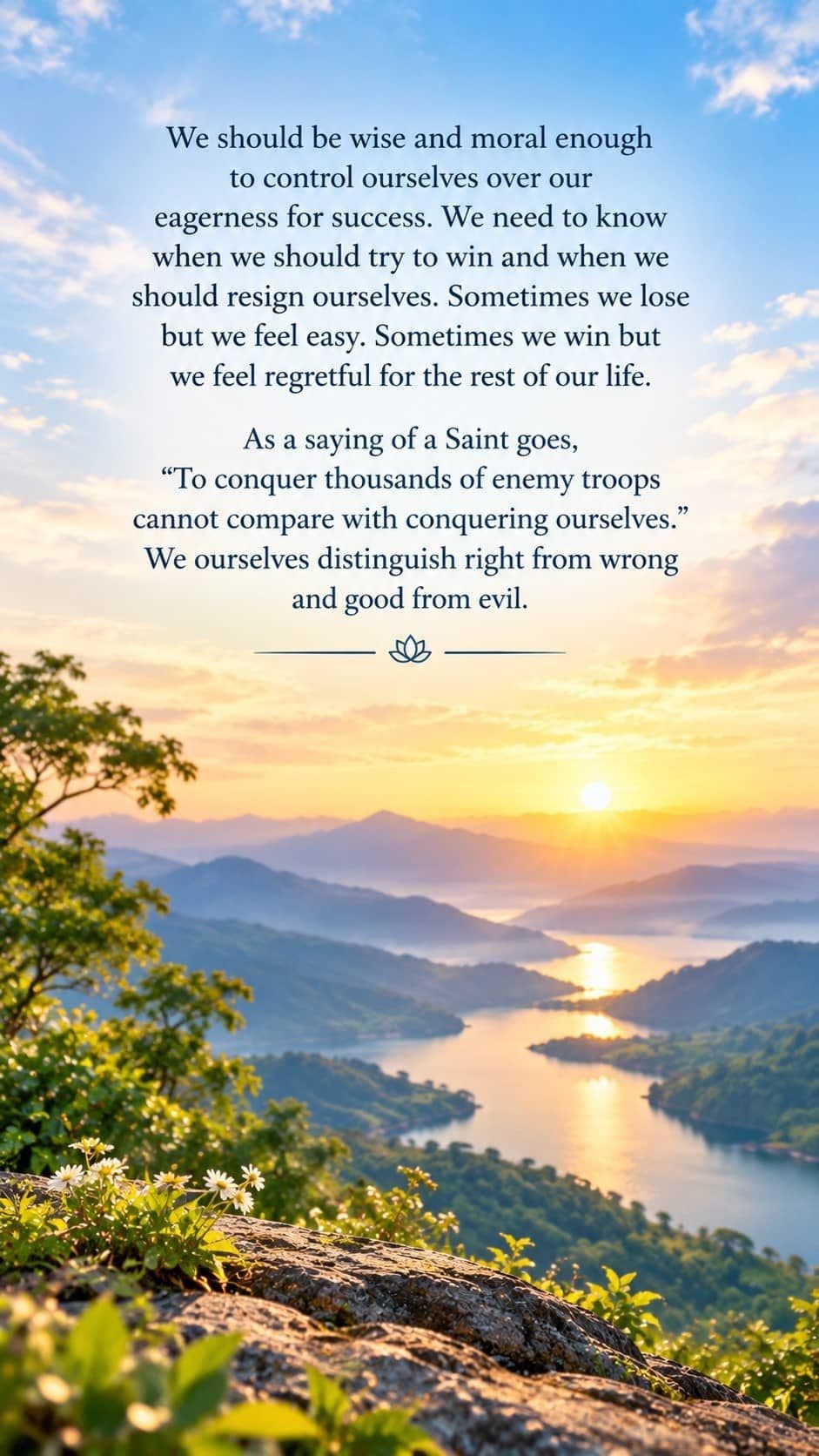 A peaceful mountain and lake landscape at sunrise symbolizing wisdom, inner peace, self-control, and the victory over oneself.