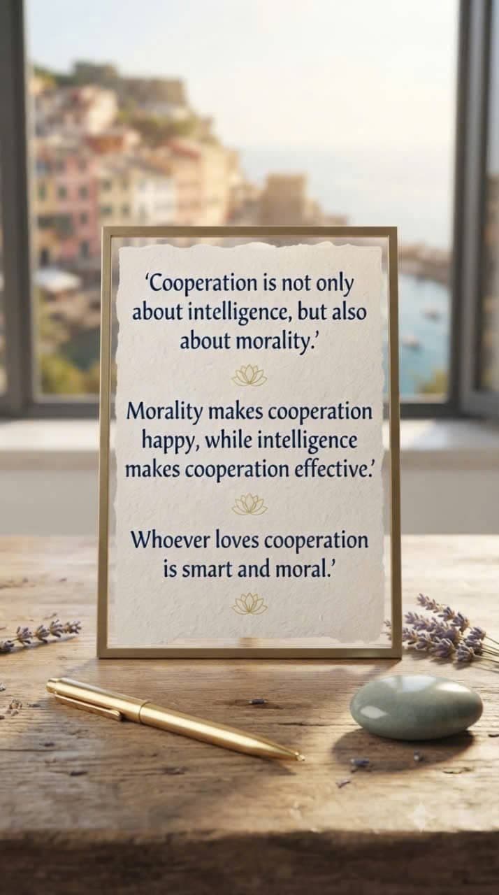 A framed inspirational quote about cooperation, intelligence, and morality displayed on a wooden table with lavender and a smooth stone, overlooking.
