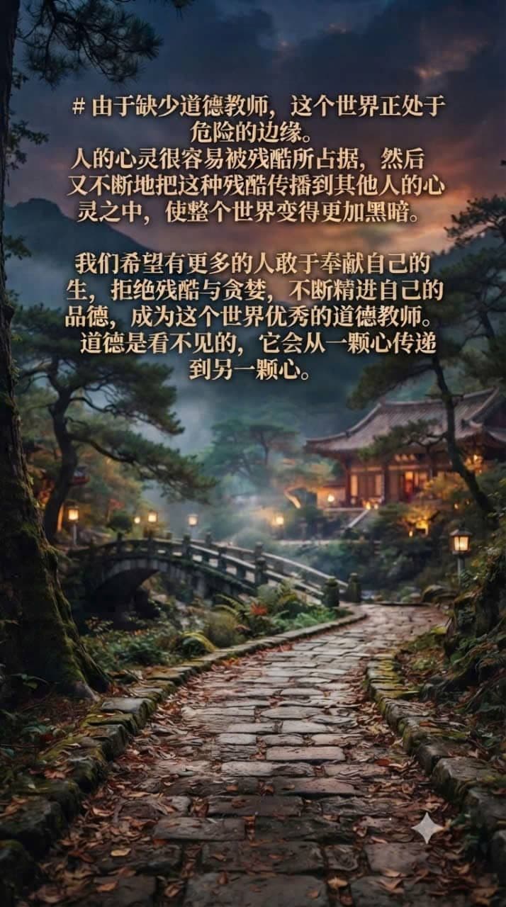 一条宁静的日式村庄石路，旁边有桥梁和温暖的灯光，象征着道德、品德以及善意从心灵传递到心灵。