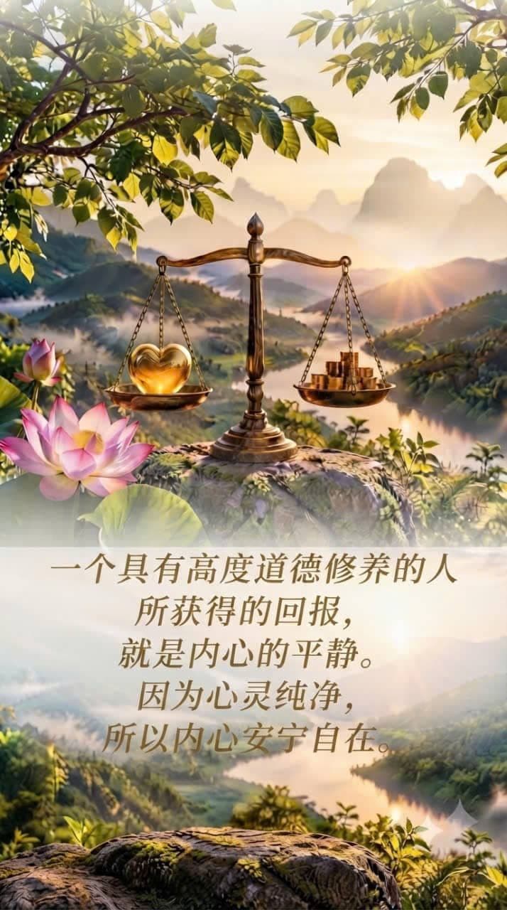  象征道德平衡与内心平静的图像，一个天平的一端放着金色的心，另一端放着硬币，背景是开满莲花的宁静山谷。
