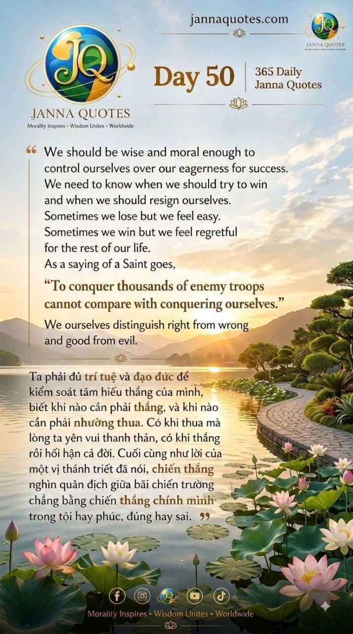 Day 50, 365 Daily Janna Quotes — a lotus pond at sunrise with a stone path, above the saying that conquering ourselves outweighs conquering an army.