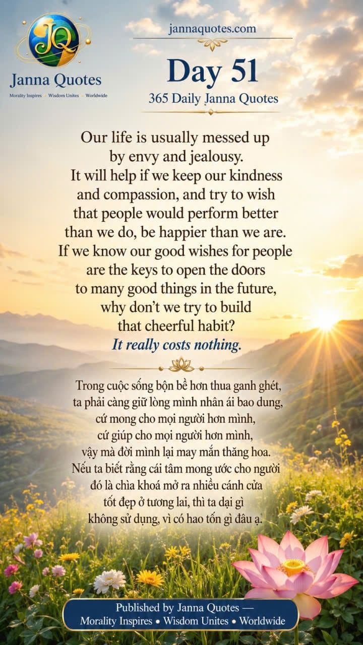 Ngày 51, bộ 365 Daily Janna Quotes — sườn đồi hoa dại lúc bình minh, có đoá sen phía dưới, kèm lời nhắc mong điều tốt cho người chẳng hao tốn gì.