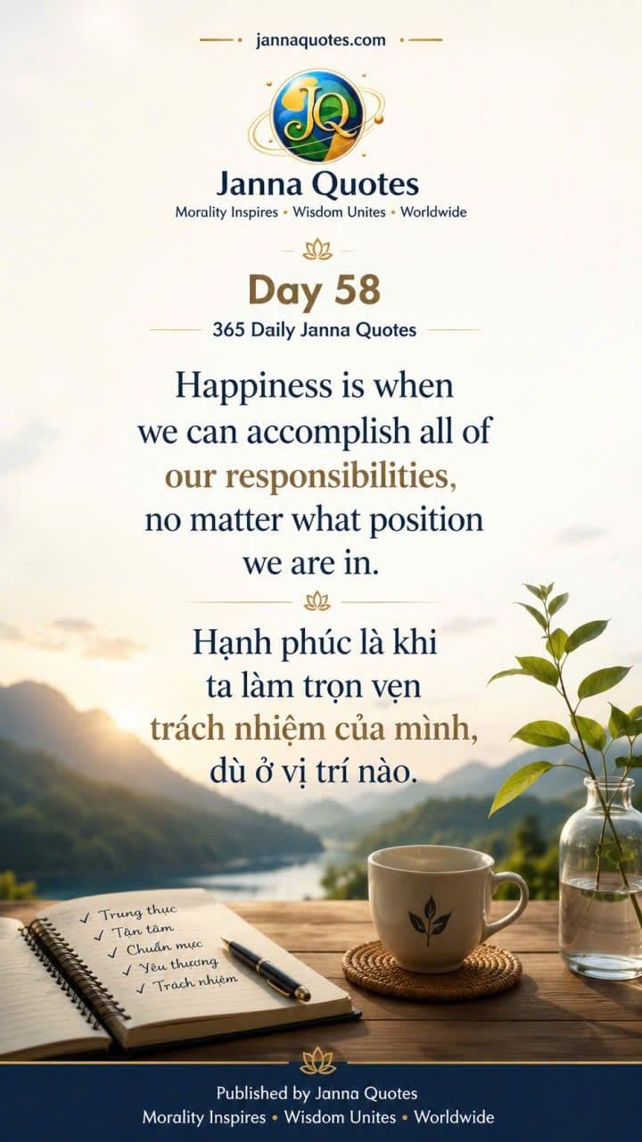 Day 58, 365 Daily Janna Quotes — a notebook, a teacup and a sprig of green on a table above a valley at sunrise, with words on responsibility fulfilled.