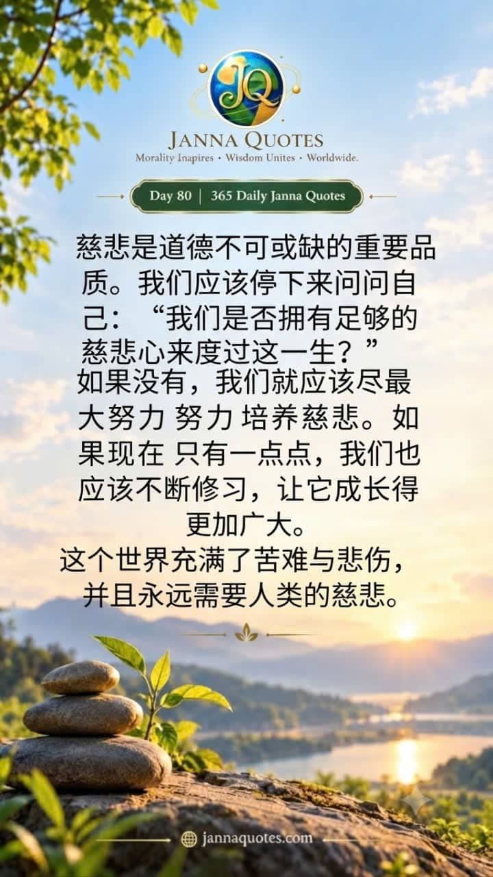第80天励志语录图片，画面展示了日出下的叠石与嫩芽，倡导在充满痛苦的世界中发扬慈悲与同理心。