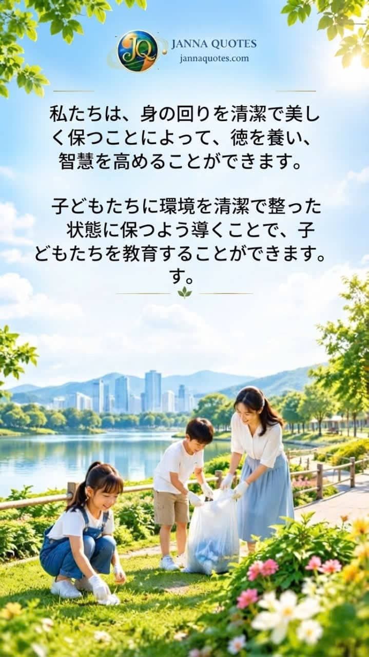 Day 84の心に響く名言画像。公園でゴミ拾いをする家族の姿が描かれ、環境をきれいにすることが心や知恵の向上につながることを伝えています。