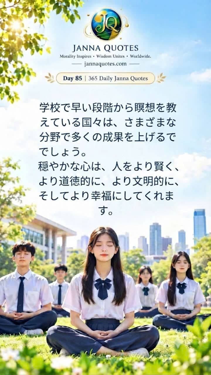 Day 85の心に響く名言画像。校庭で瞑想する学生たちの姿が描かれ、心の静けさがもたらす社会的繁栄と幸福を伝えています。