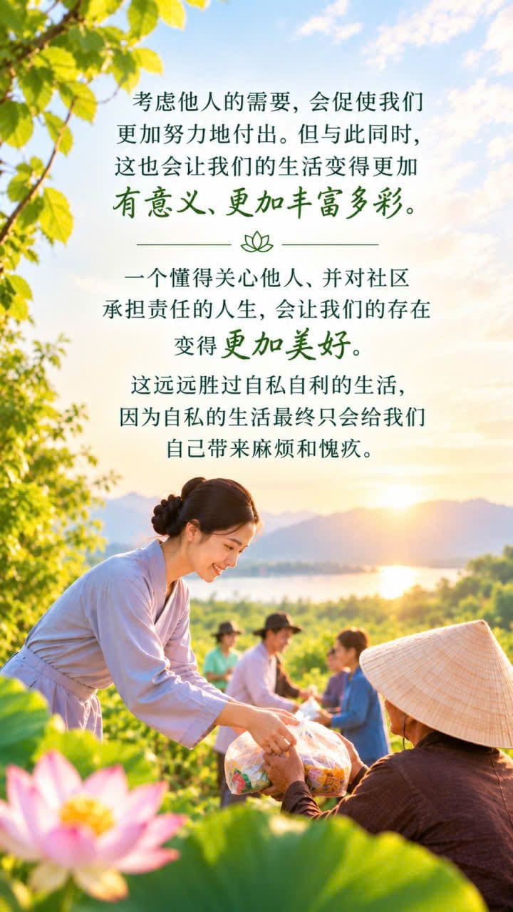 夕阳下宁静的乡村社区中，一位女性帮助一位老人并递给她食物，象征着善良、关爱、分享以及对社区的责任。