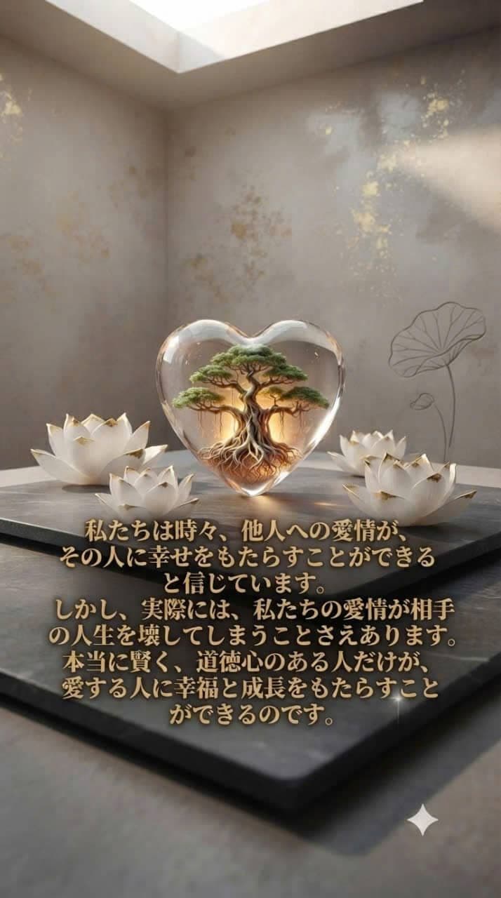 ガラスのハートの中に輝く盆栽と白い蓮の花。愛における知恵と道徳を表現した画像。