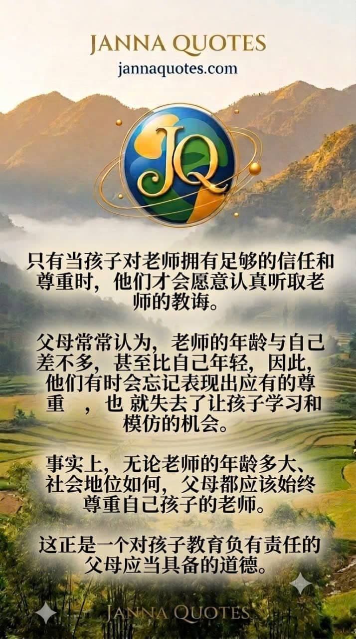 包含关于父母言传身教和尊重教师的 Janna Quotes 名言海报，背景为壮丽的自然梯田。