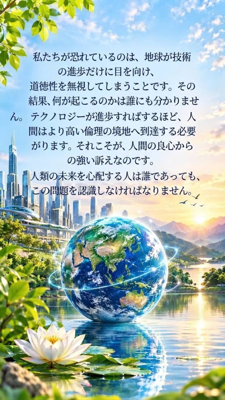 技術の進歩、道徳、人類の未来を象徴する未来都市と輝く地球。