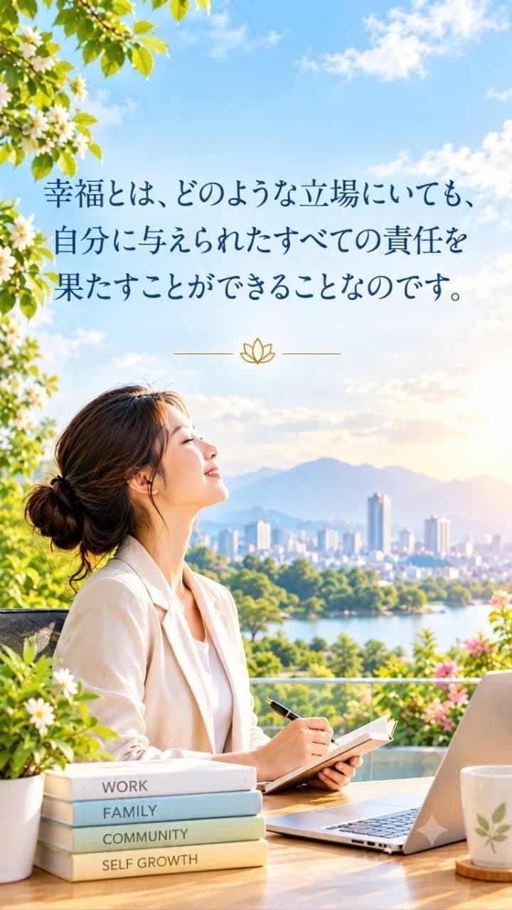  A professional woman writing in a notebook on a sunny balcony overlooking a city skyline, representing personal growth and responsibility.