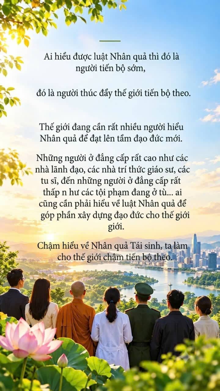 Những người thuộc nhiều tầng lớp khác nhau cùng nhìn về thành phố lúc bình minh, tượng trưng cho sự hiểu biết về luật nhân quả, đạo đức và cùng nhau tiến bộ.