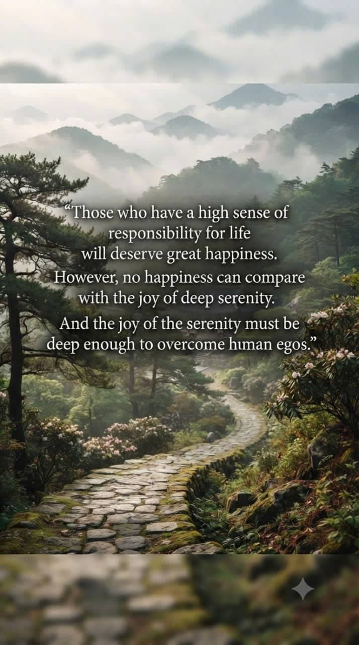 A serene mountain path surrounded by trees and fog, featuring an inspiring quote about life responsibility and deep serenity.