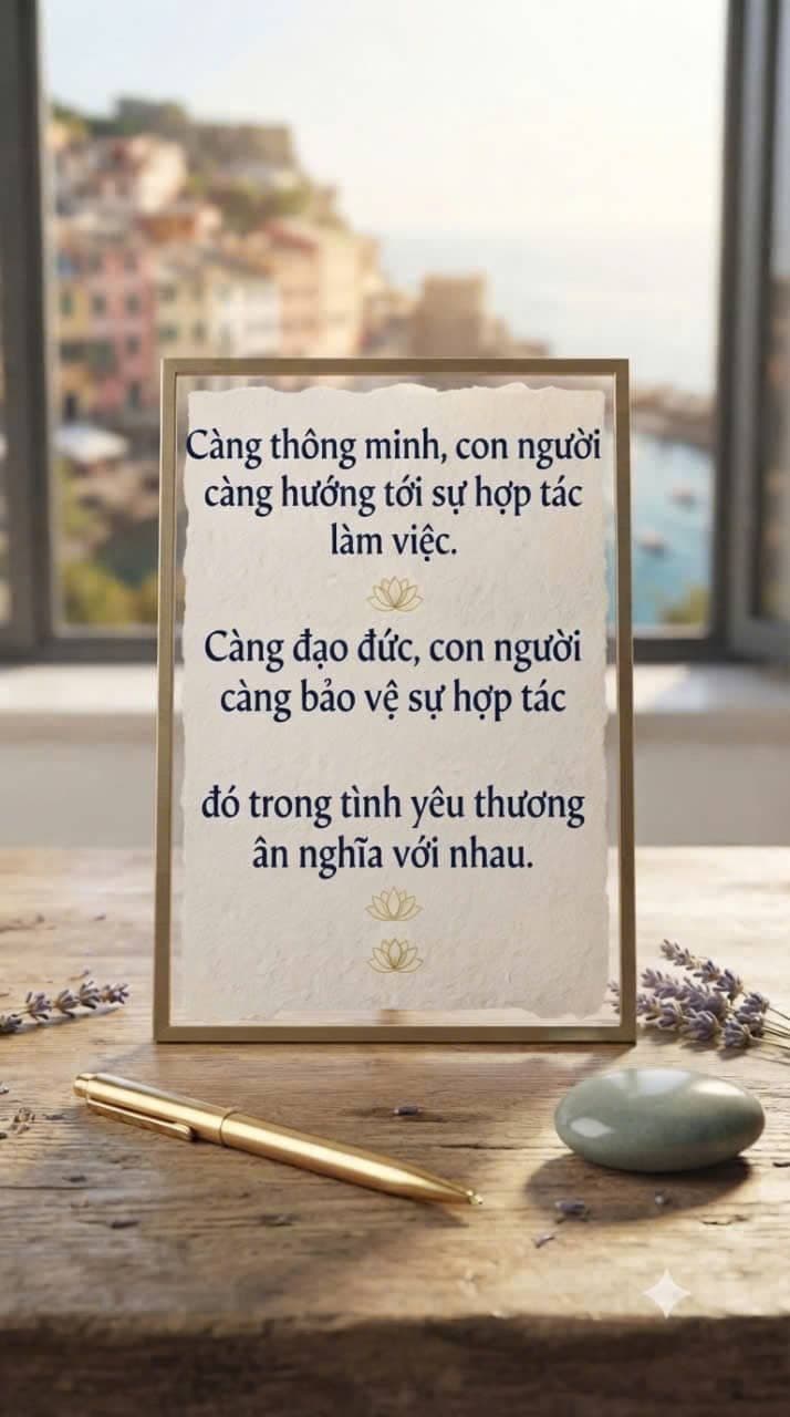 Khung tranh chứa câu nói truyền cảm hứng về sự hợp tác, trí tuệ và đạo đức được đặt trên bàn gỗ cùng hoa oải hương và viên đá nhẵn.