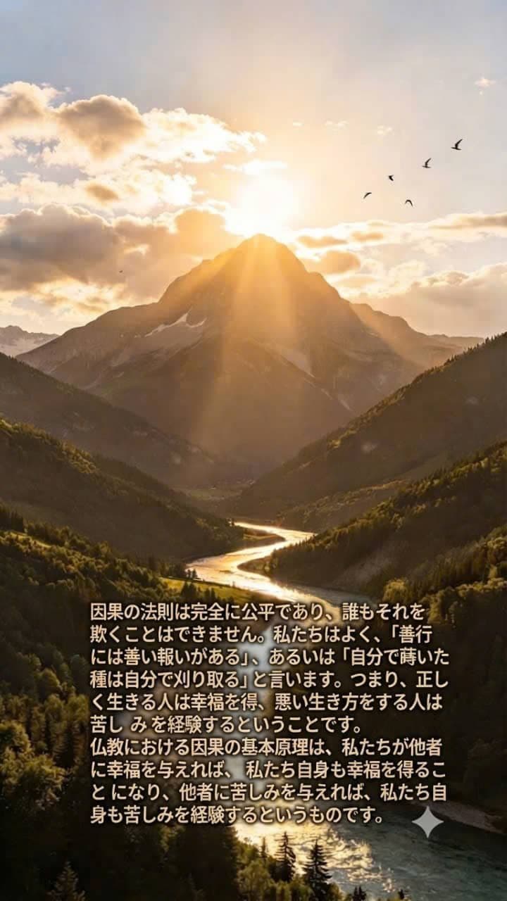 因果の法則は、善い行いが幸福をもたらし、他者に苦しみを与える行為が苦しみにつながることを示しています。