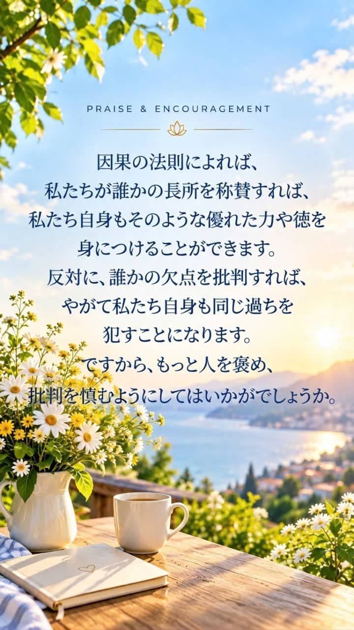 因果の法則を象徴する心に響くイメージで、人の長所を褒め、批判を避け、自分自身の中に前向きな力を育てることを表している。