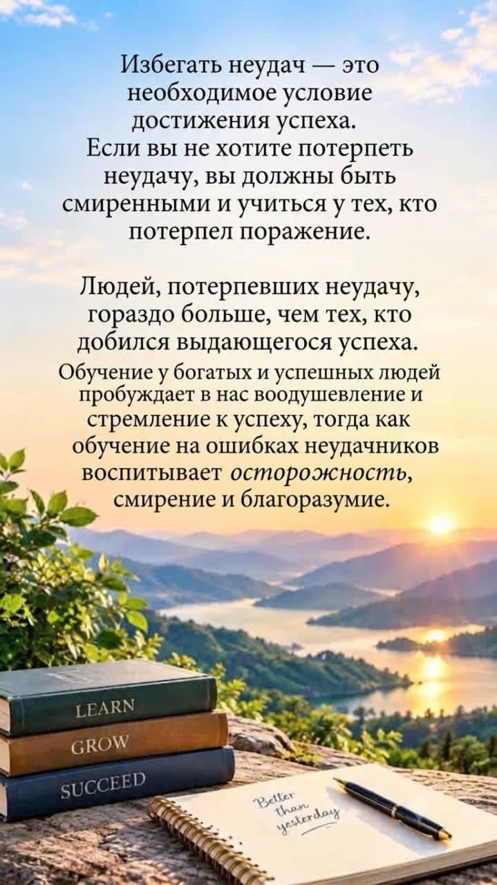 Вдохновляющая цитата об успехе и неудачах на фоне красивого рассвета с книгами и блокнотом.
