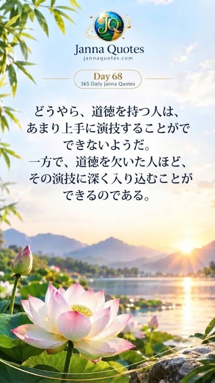 湖の日の出とピンクのハスの花が描かれた、Janna Quotes Day 68 の道徳に関する名言画像。