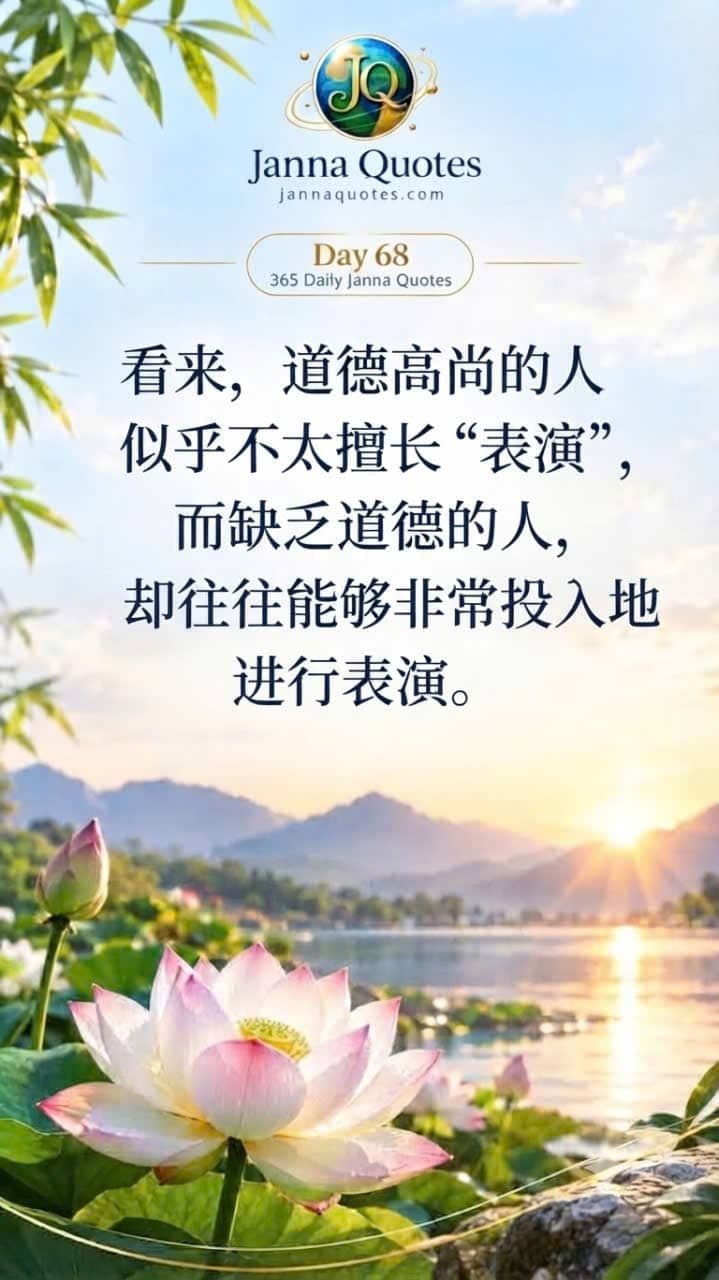 Janna Quotes 第68天图片，背景为湖面日出与粉红莲花，配有关于道德与表演的名言。