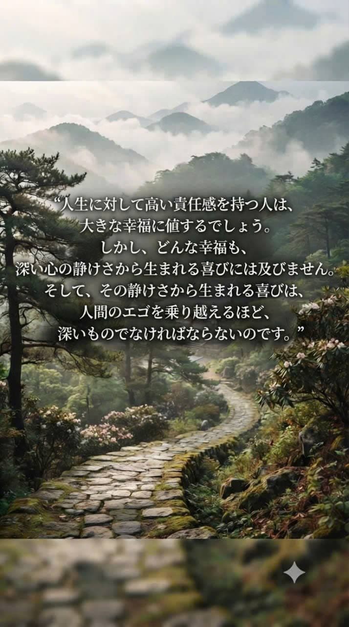 Kiri ni tsutsumareta utsukushī yamamichi no fūkei to, jinsei no sekinin to fukai seijaku ni tsuite tsuzurareta meigen no gazō.