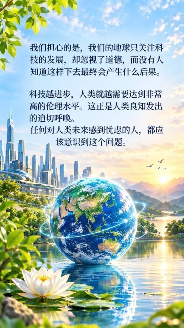 象征科技发展、道德与人类未来的未来城市和发光的地球。