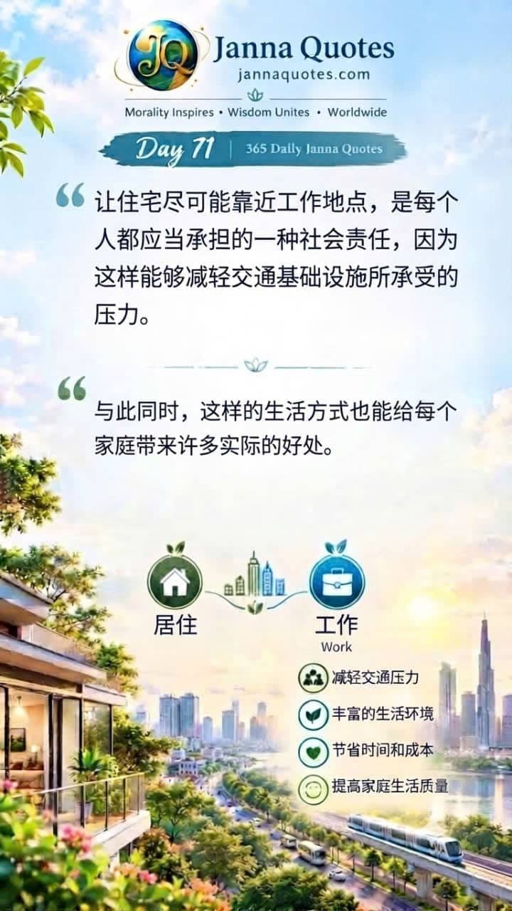 关于住在工作地点附近、减轻交通压力和家庭益处的Janna Quotes第71天图解信息图片。