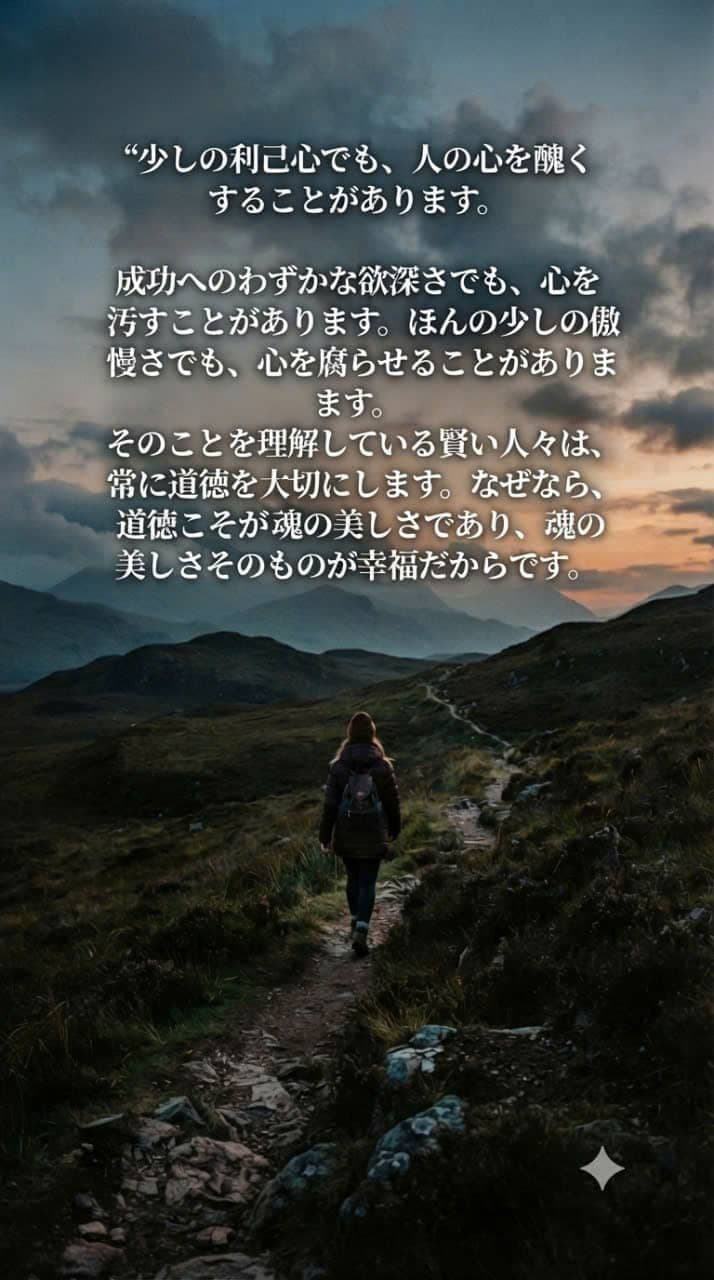 夕暮れの山道を一人で歩く人の姿。悲しみを受け入れ、心の平穏へ向かう旅を象徴している。
