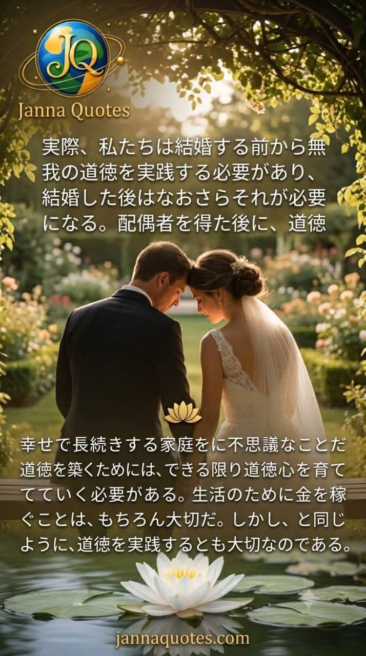 光が差し込む庭園で手をつなぐ新郎新婦と、結婚における道徳の実践に関する日本語の名言画像。