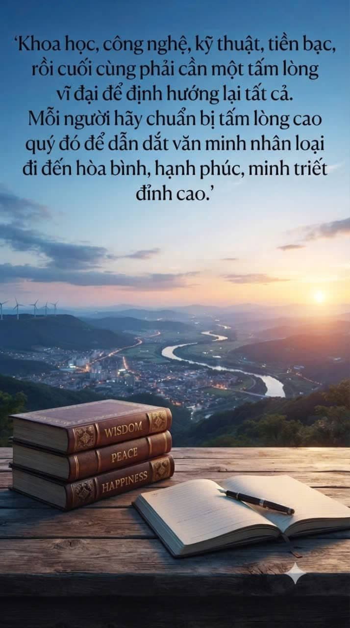 Hình ảnh câu nói truyền cảm hứng về trái tim cao cả, khoa học, công nghệ và hòa bình, lồng ghép trên nền phong cảnh bình minh rực rỡ cùng sách vở.