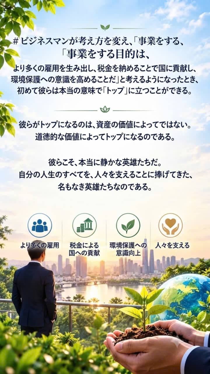 起業家の道徳的価値、社会的責任、雇用創出、環境保護、コミュニティ支援に関するインフォグラフィック画像。