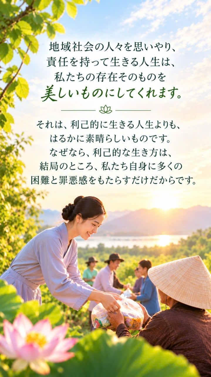 夕暮れの穏やかな田園風景の中で、女性が高齢者に食べ物を手渡して助けている様子。思いやり、慈愛、助け合い、地域への責任を象徴するイメージ。