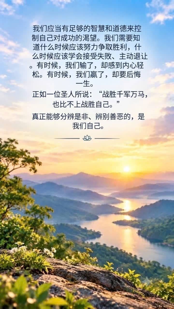 日出时宁静的山水风景，象征智慧、内心平静、自我控制以及战胜自我的人生哲理。