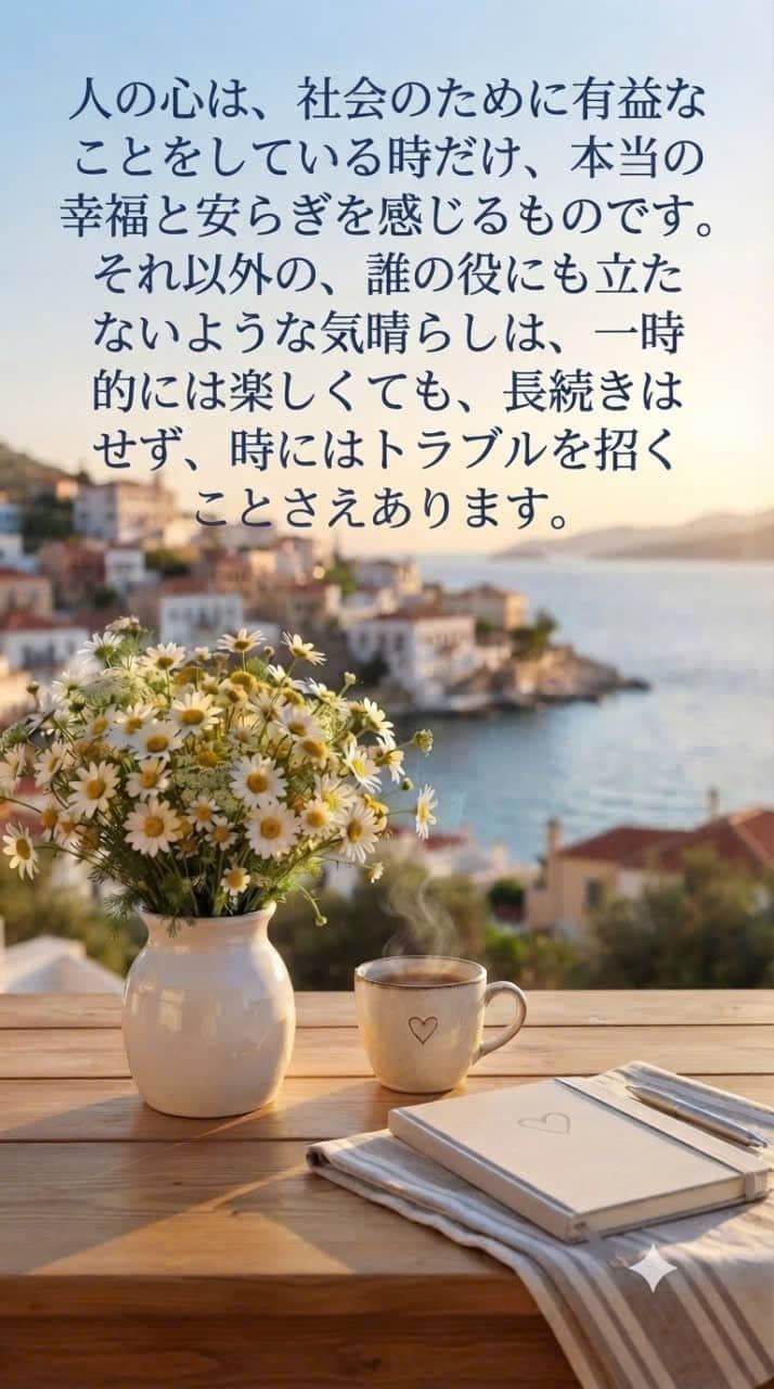 穏やかな海辺の風景を背景に、マーガレットの花、温かいお茶、ノートが置かれたテーブルが幸福と心の安らぎを表している。
