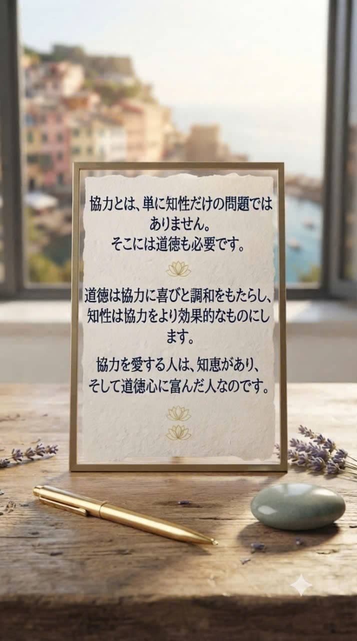 協力、知性、道徳についての心に響く言葉が書かれた額が、ラベンダーと滑らかな石を置いた木のテーブルに飾られ、穏やかな海辺の街を背景にしている。
