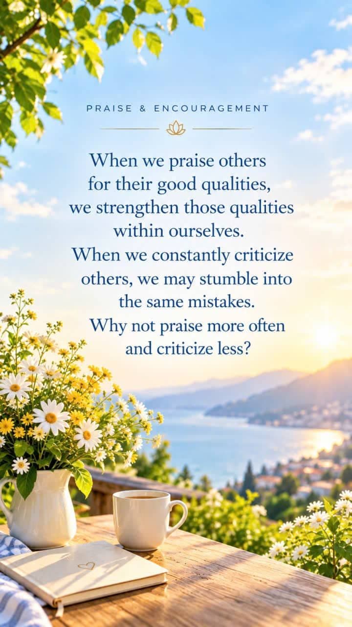 An inspirational concept representing the law of karma, encouraging people to praise good qualities, avoid criticism, and cultivate positive strengths.