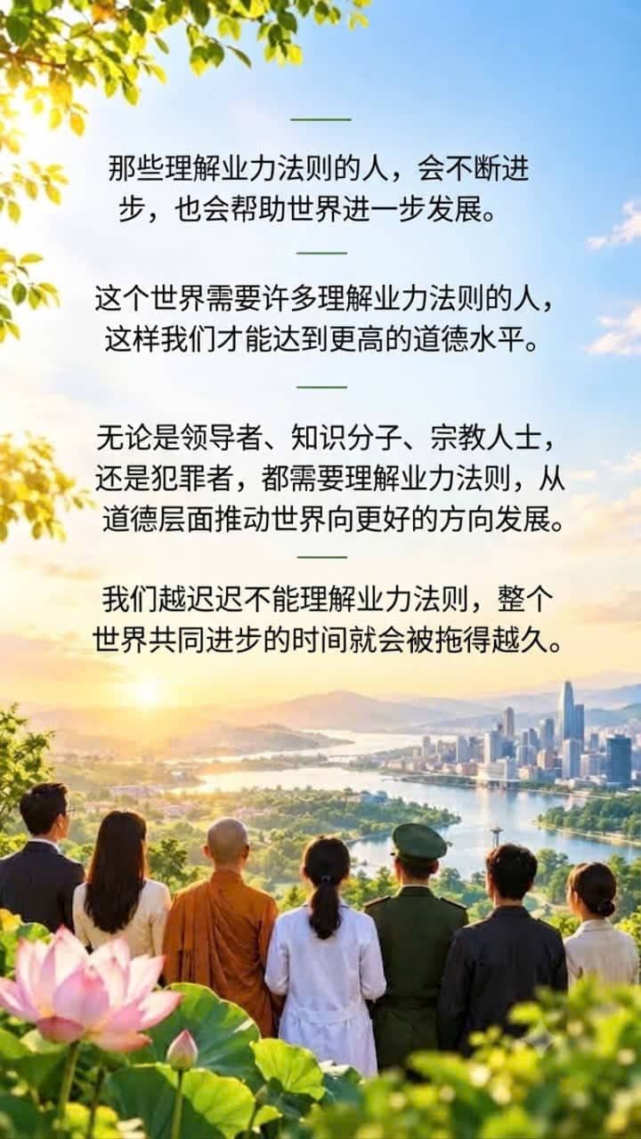 来自不同背景的人们在日出时共同眺望现代城市，象征着理解因果法则、提升道德水平以及与世界共同进步。