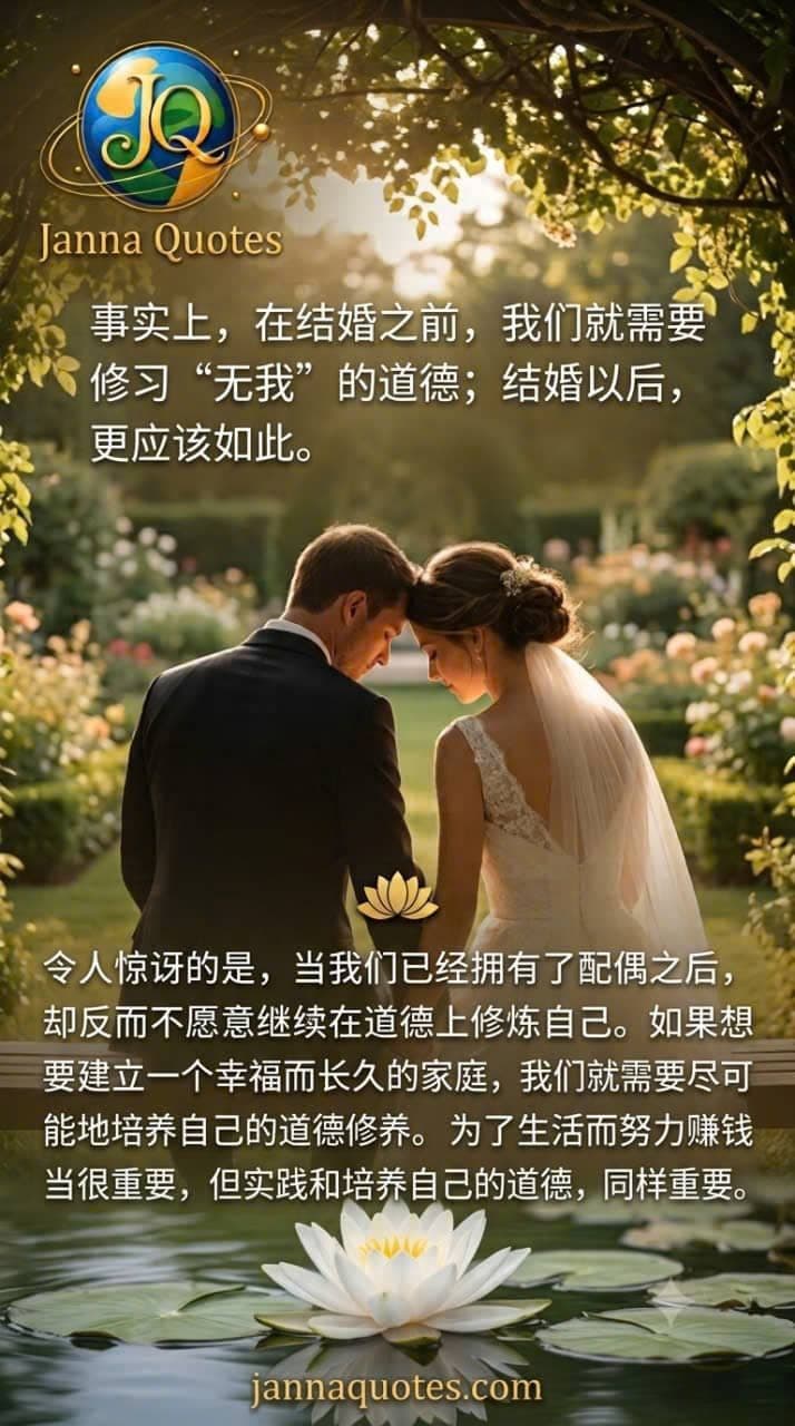 新郎与新娘在阳光洒满的花园中牵手，配有关于婚姻与道德修养的中文名言。