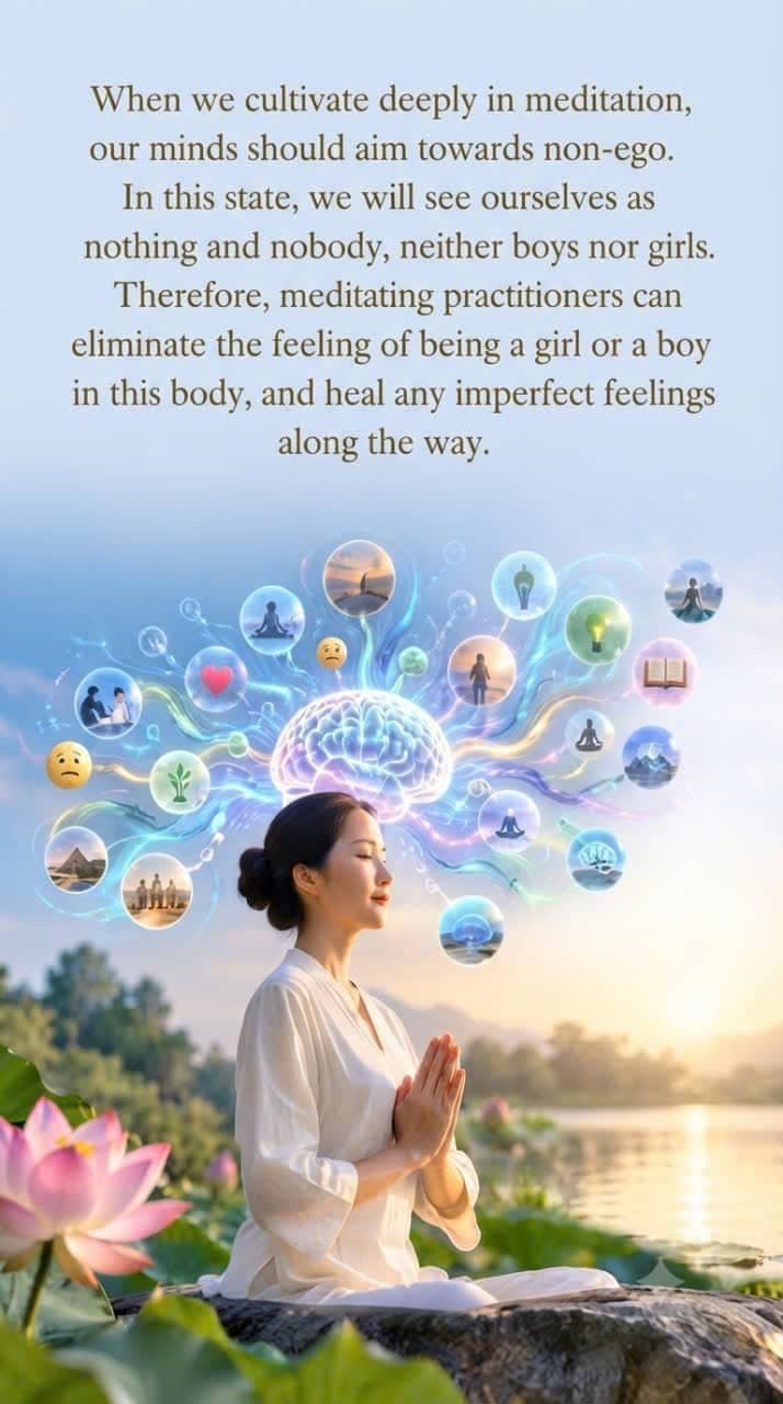 An inspirational quote graphic featuring a woman in a meditative pose by a lake at sunset, with a glowing brain constellation