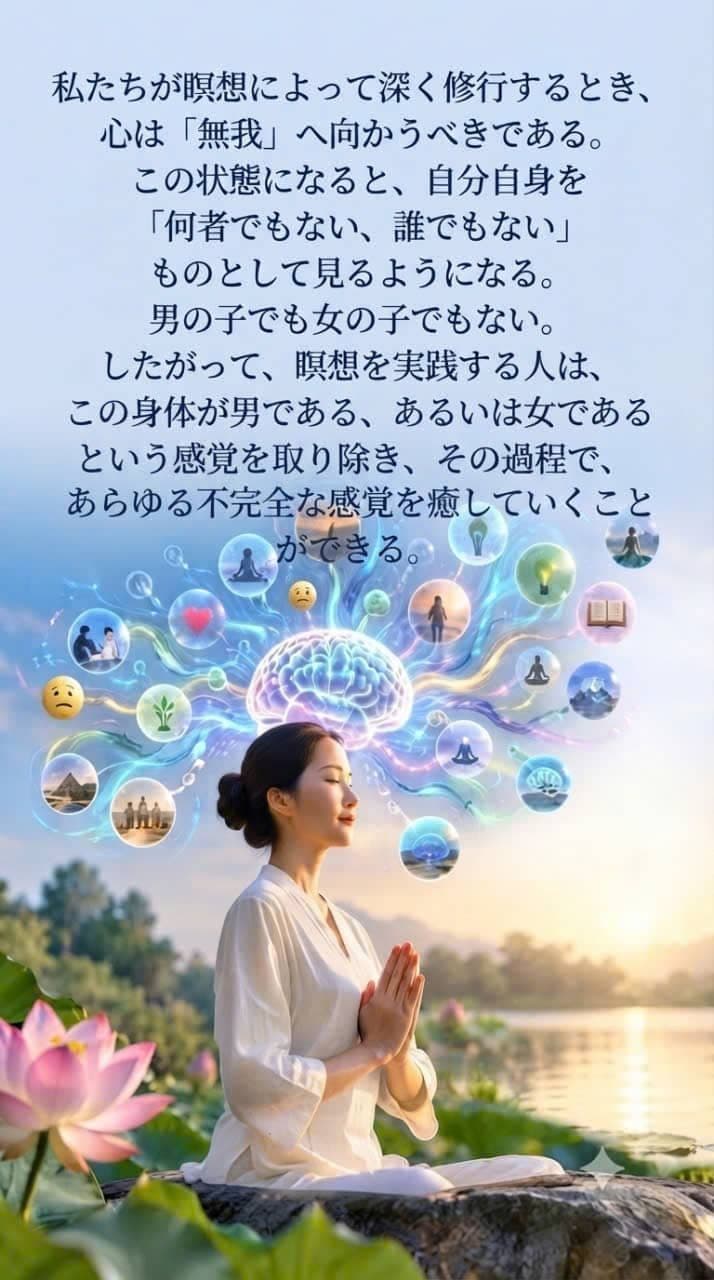 夕暮れの湖畔で瞑想のポーズをとる女性をフィーチャーした、インスピレーションあふれる引用グラフィック