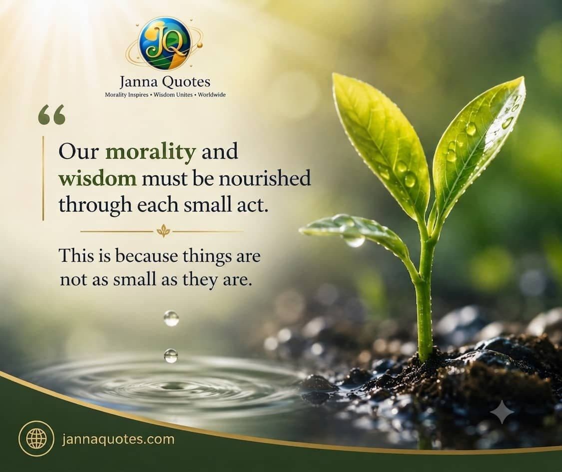 A young green plant growing from dark soil with water droplets, symbolizing how morality and wisdom are nourished through each small act.