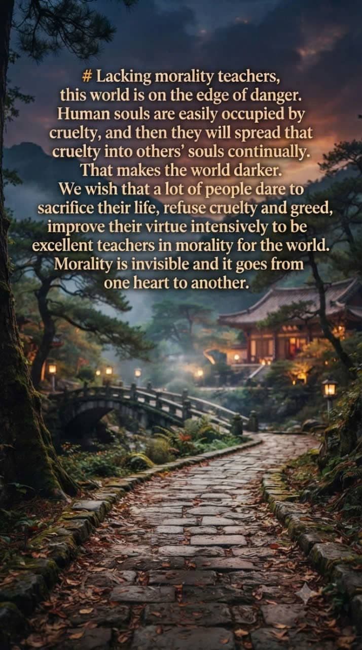 A peaceful Japanese-style village path with a bridge and warm lights, illustrating morality, virtue, and the transmission of goodness from one heart to another.