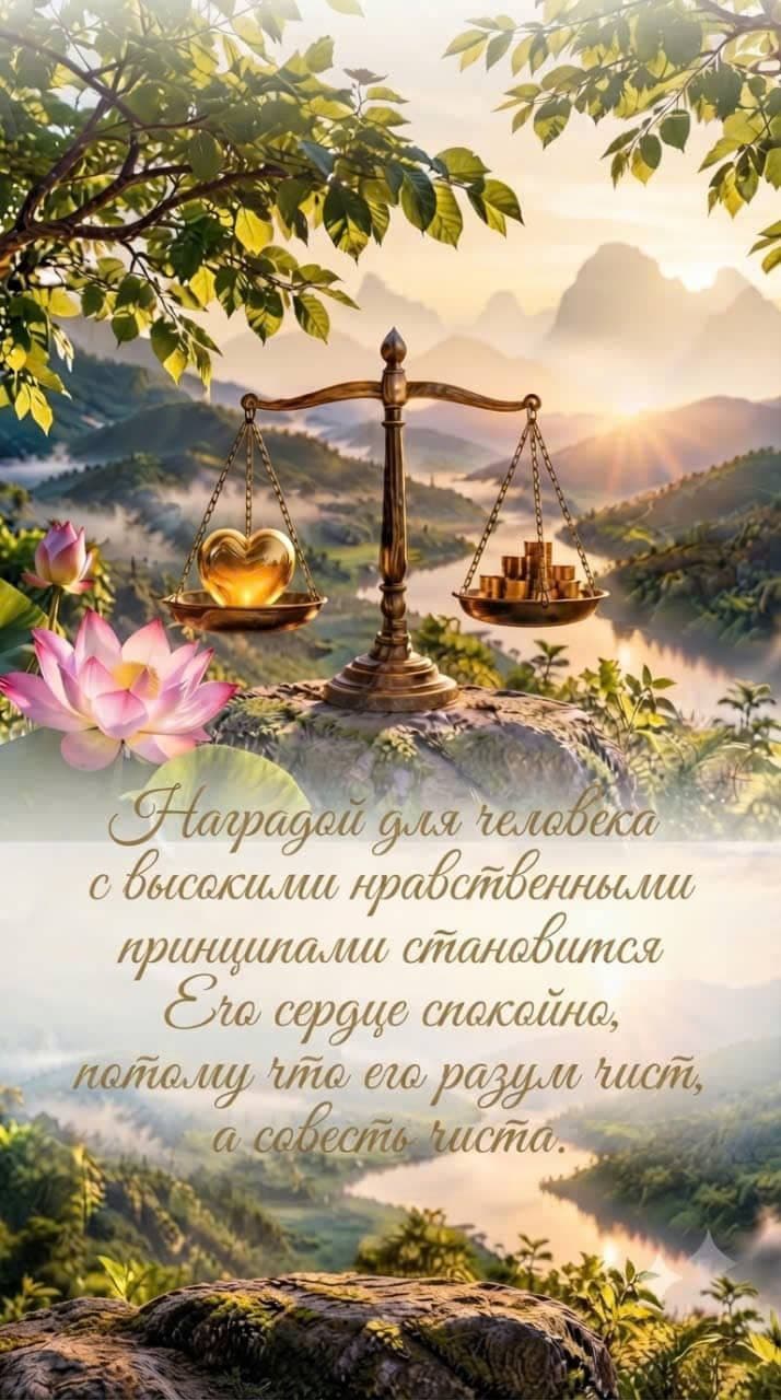 Символическое изображение весов с золотым сердцем на одной чаше и монетами на другой, расположенных на фоне мирной горной долины с лотосами