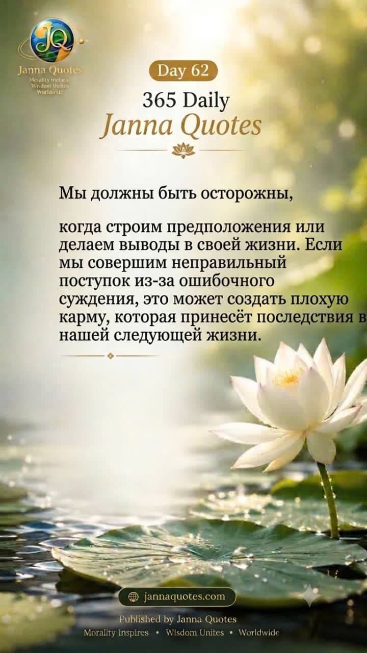 Изображение Janna Quotes День 62 с цветком лотоса и мудрой мыслью о необходимости быть осторожными с предположениями, суждениями и выводами в жизни.